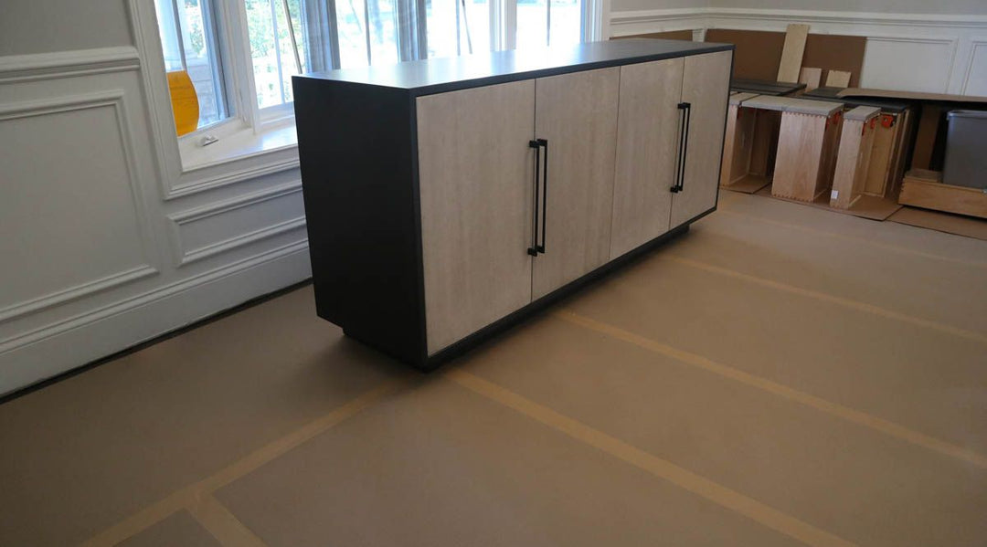 22x84x38 Custom Buffet Mitered Corners 1 Thick Box Front Panels Vertical Grain Platform Base Brown Maple Top  Sides - Dark Knight QSWO Fronts - Mineral Flat