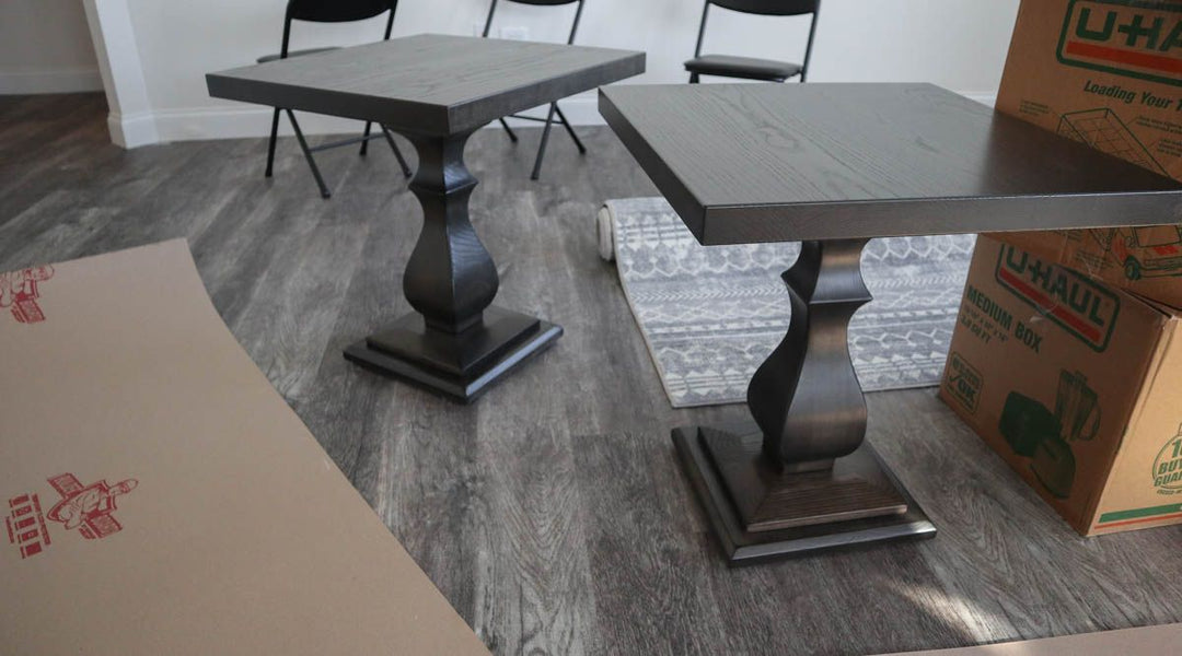 24x24x25 Tuscan side table square platform ash thick top no apron clean edge no grooves no distress Dark Knight satin