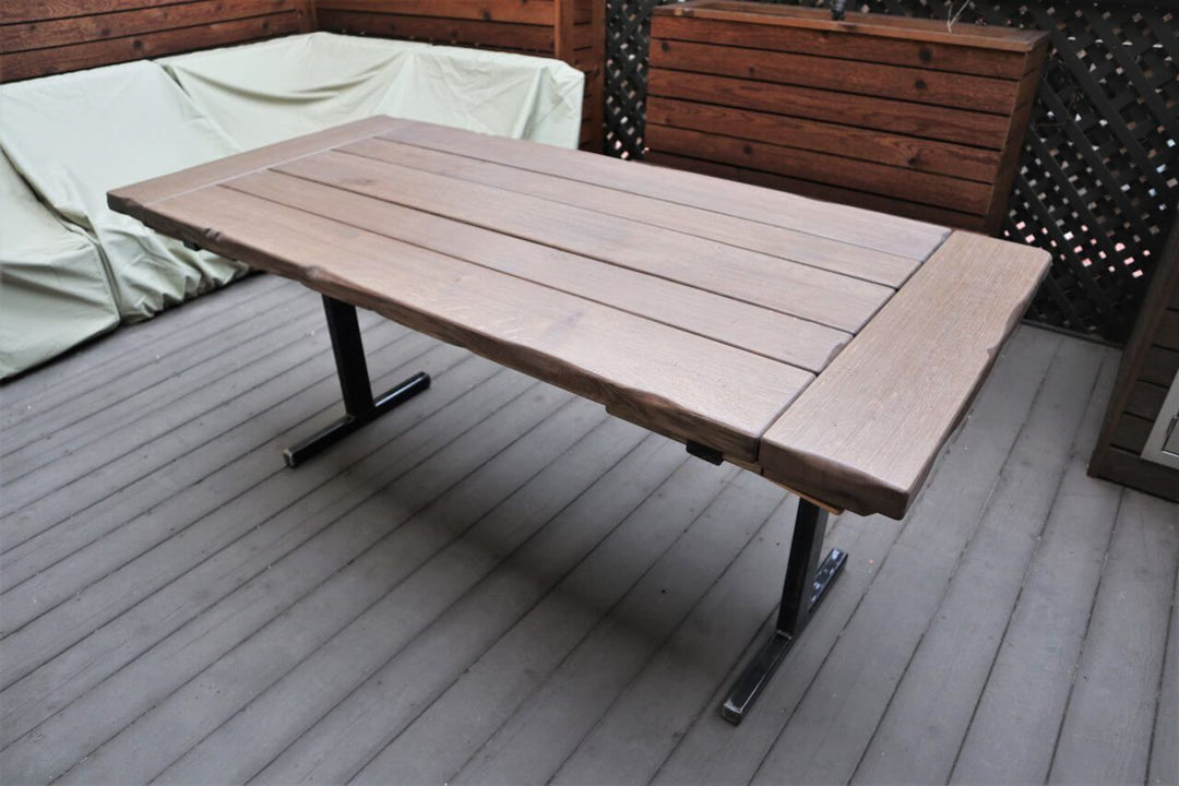 32x56 Metal T base 3x1.5 QSWO thicker 1.75ish minor gaps between planks 5 6 dist Behr Cordovan Brown Natural Steel fin 2 7 inch leaves 3 1280x853