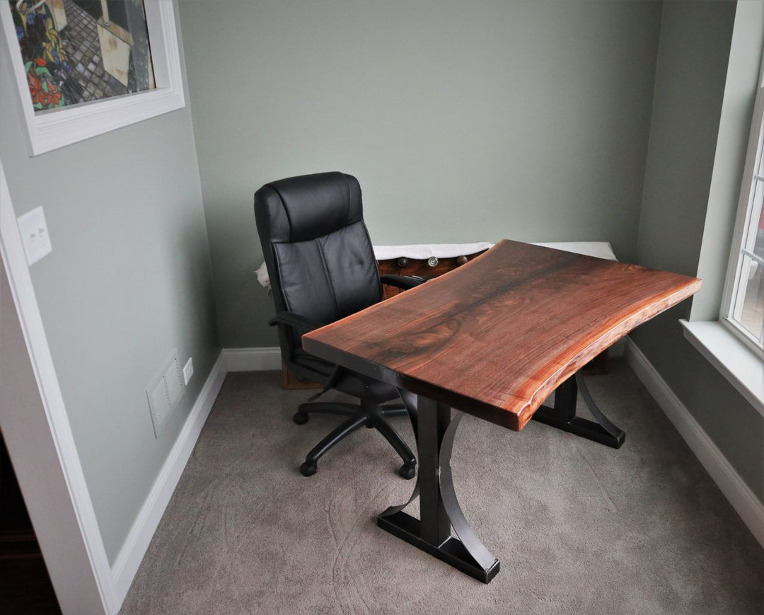 36x48x30 desk walnut slab bark removed no distress high gloss metal arched base 3 in pushed to ends 2 1273x1024