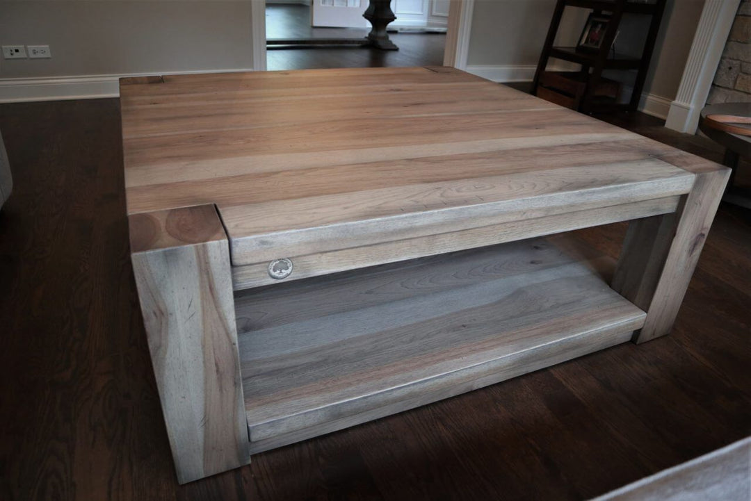 48x48 coffee table flush leg 5 inch thick top and base color variation 2 inch apron 4 distress prado w black shadow flat finish 2
