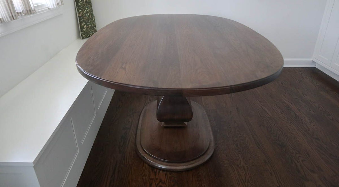 Arlington Heights 42x62 Belly 10 all hickory thick top no apron oval platform no distress no grooves big step down round over .25 faded sides no straight sides Charwood satin 2
