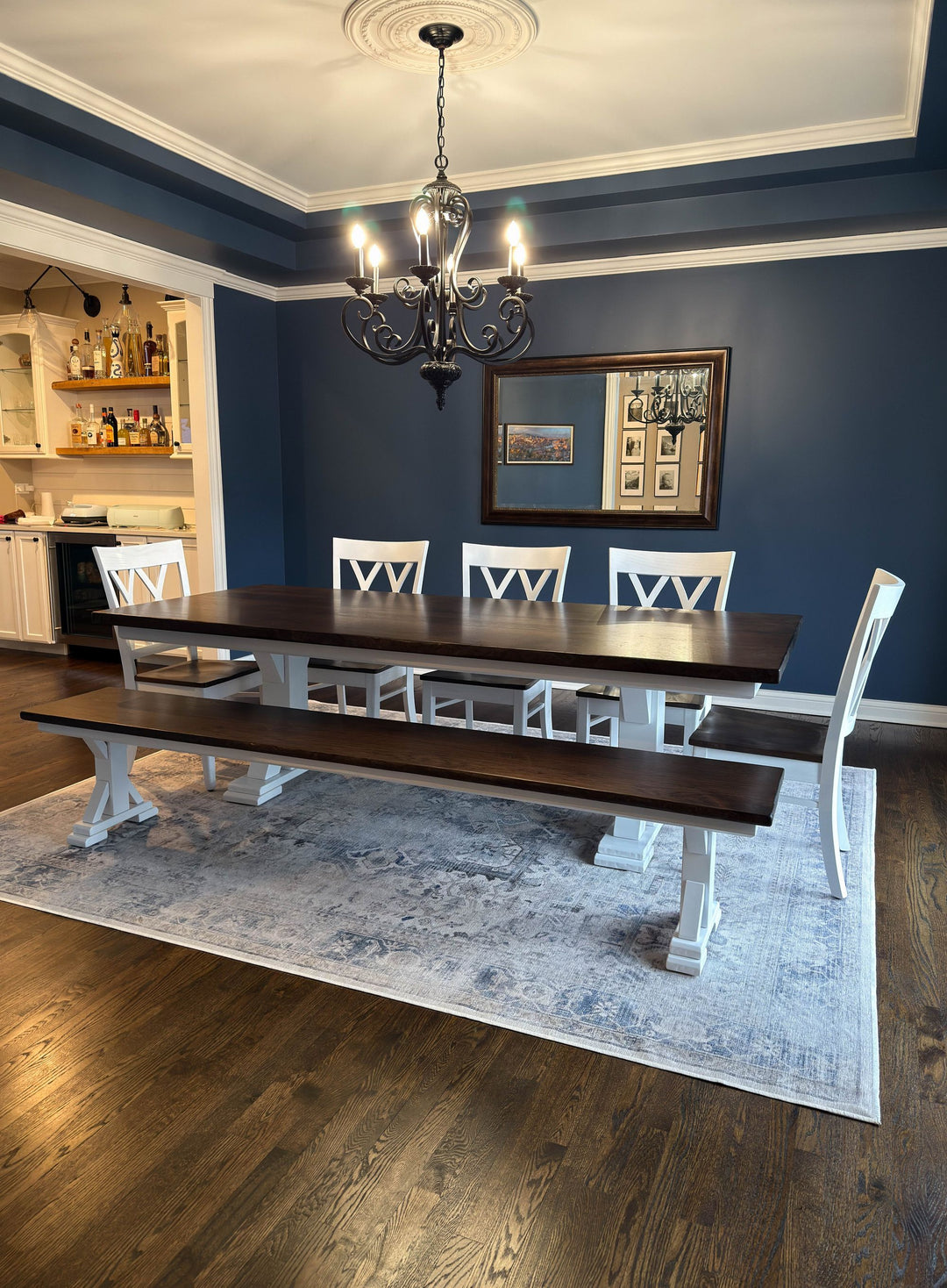 Batavia 42x96 Single Post Thick Top With Apron No Cross Brace Tumbled Edge Minimal Distress American Walnut - TOP Solid White - BASE Satin