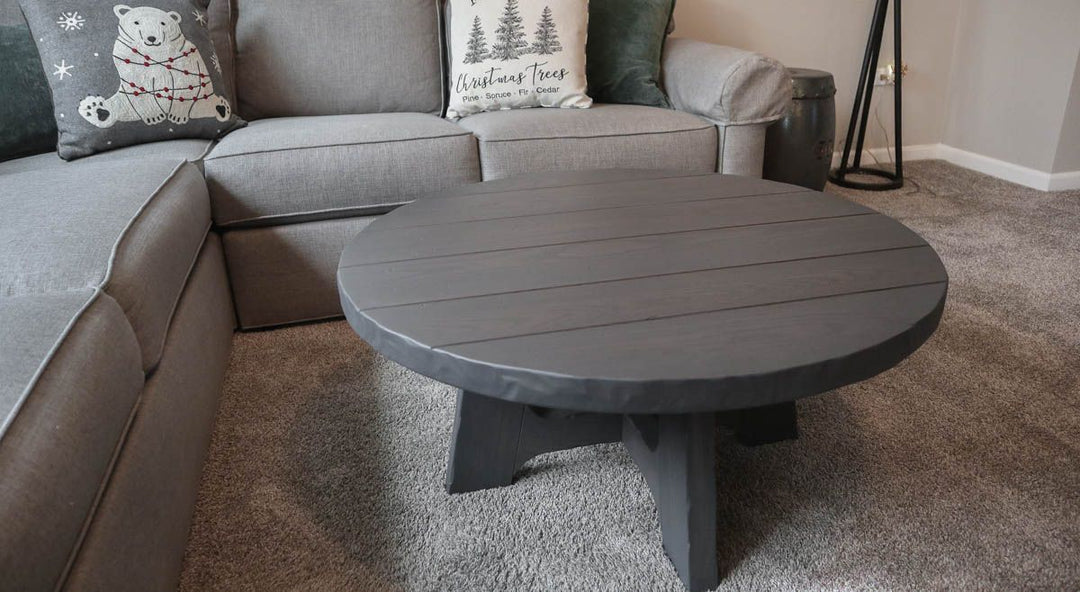 Channahon 36x17 tall custom coffee table ash thick top grooves tumbled edge heavy distress custom Storm Gray flat 2