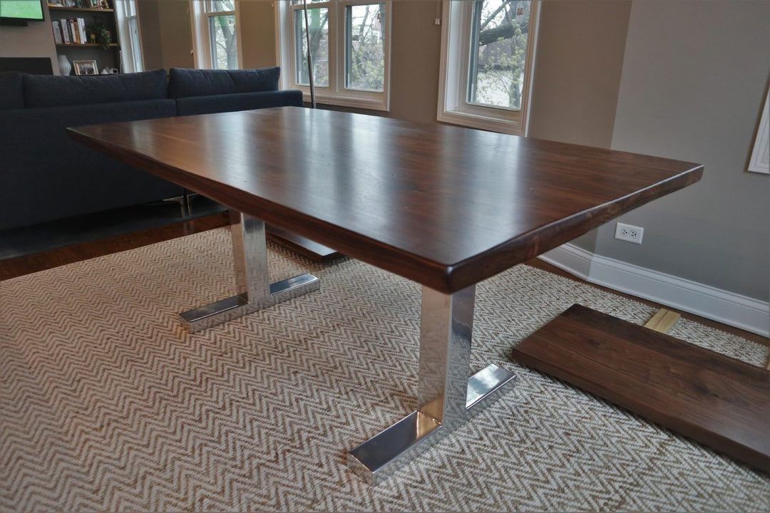 Chicago 40x72x30 metal t base thick top solid walnut no grooves natural wavy edge min distress satin super chrome powder coat 1280x853