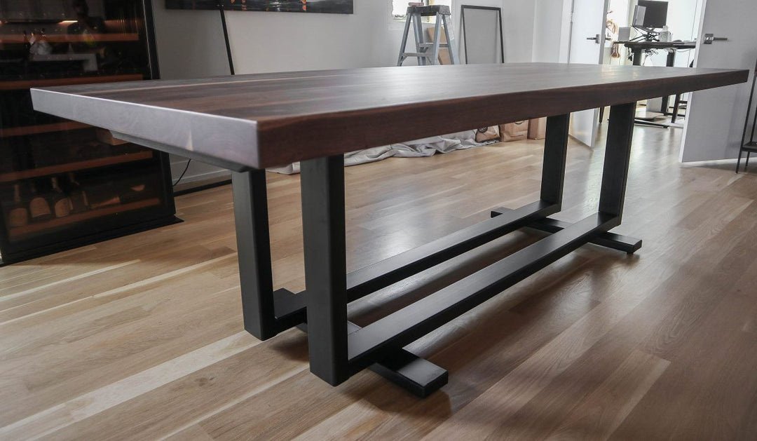 Chicago 44x102 custom metal base extra thick top no apron clean edge no distress no grooves natural falt flatter black base 2 18 leaves 1280x745
