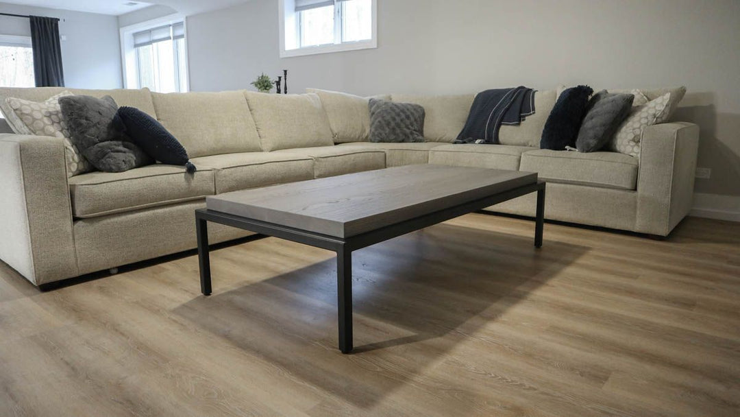Coffee table 36x70x18 Strauss design extra thick top ash Fog flat Flatter Black base clean edge no distress no grooves 2