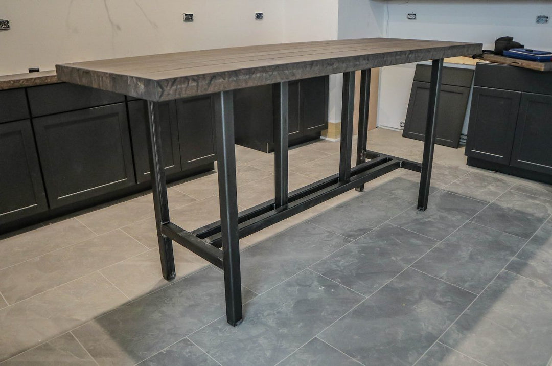 Hinsdale custom metal base 90x30x42 thick top hickory heavy dist tumbled edge smokey water flat 1280x849