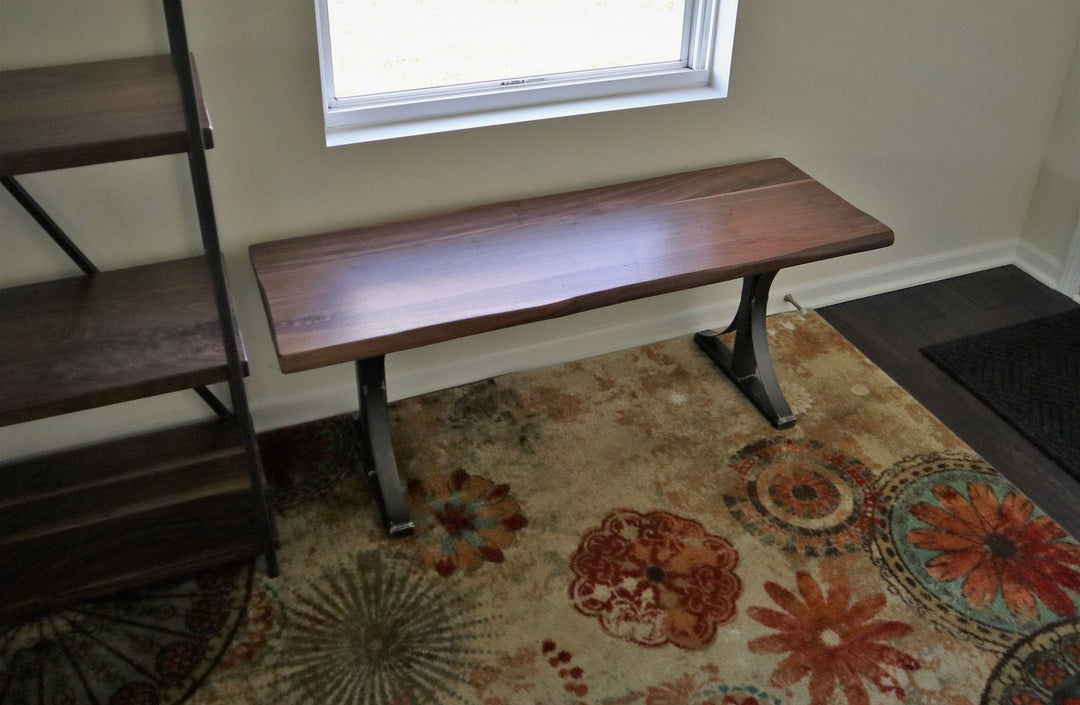 Metal Arched Bench Walnut Light Distress Natural Wavy Edge Natural Satin Natural Steel