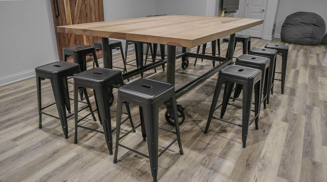 Mokena 60x96 custom metal base 8inch casters extra thick top ash clean edge light distress no grooves natural earth light flat natural steel grayish tone weld grind marks 1 1280x715