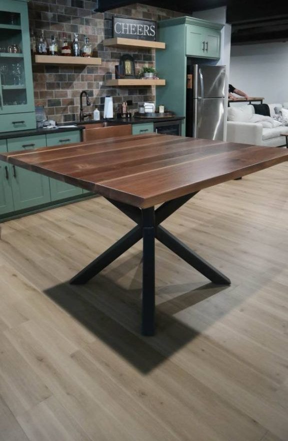Naperville 55x55x36 Double Metal X walnut top thick top medium distress natural wavy edge natural satin natural steel base 1 576x1024