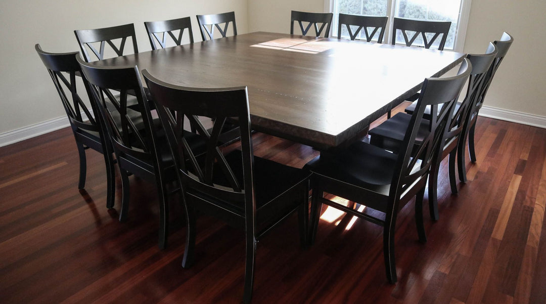New Lenox 84x84 Large Anchor Hickory top _ feet thick top tumbled edge medium distress Briar satin Herrington bm solid black scuff satin C2-1 Antarctic seats