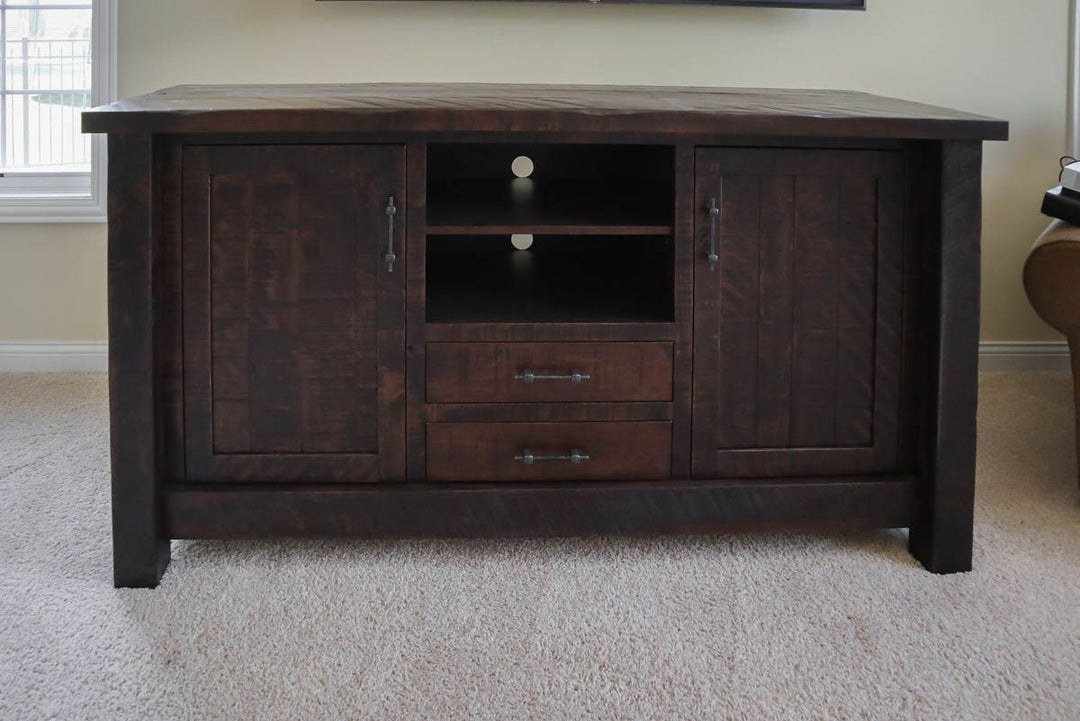 New Lenox custom Houston media center 24x72x38 rustic rough sawn brown maple Earthtone flat