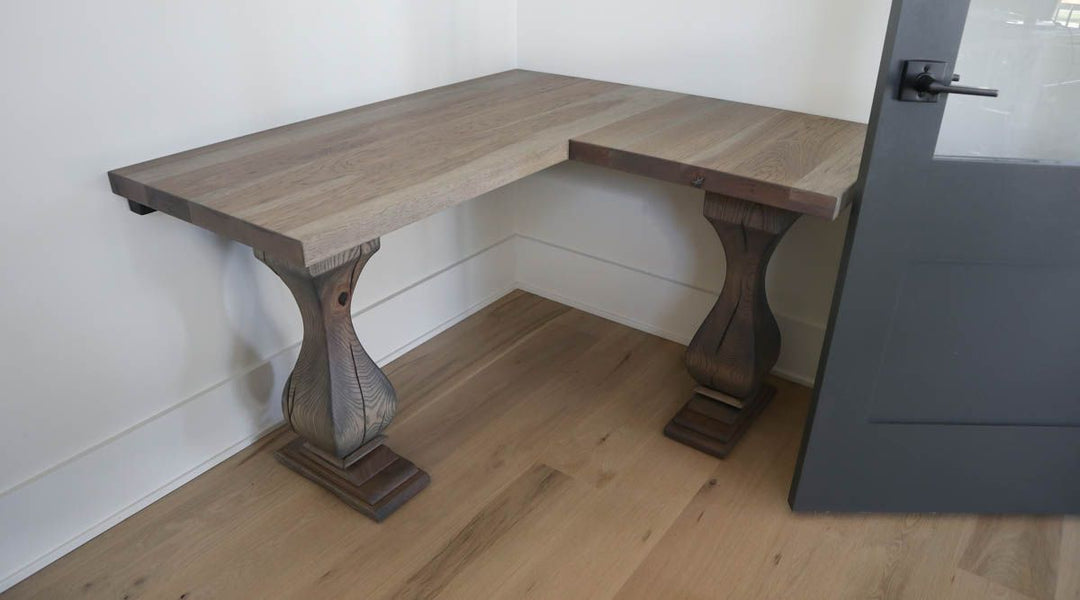 Plainfield 50x45 L shape desk belly tick top hickory TF Prado flat