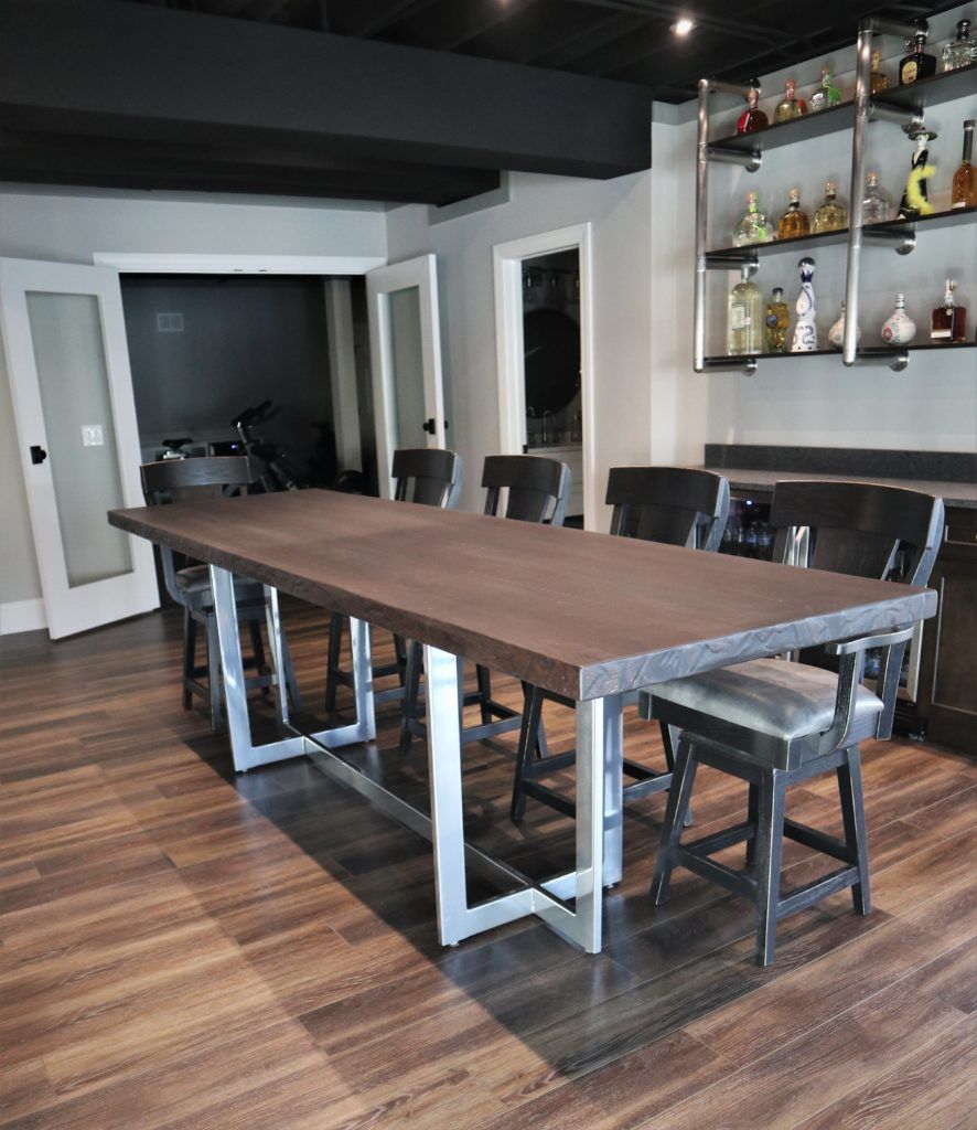 Shorewood 120x36x36 reflection metal base solid ash top extra thick 5 distress tumbled edge silverton brown top super chrome powder coat base 886x1024