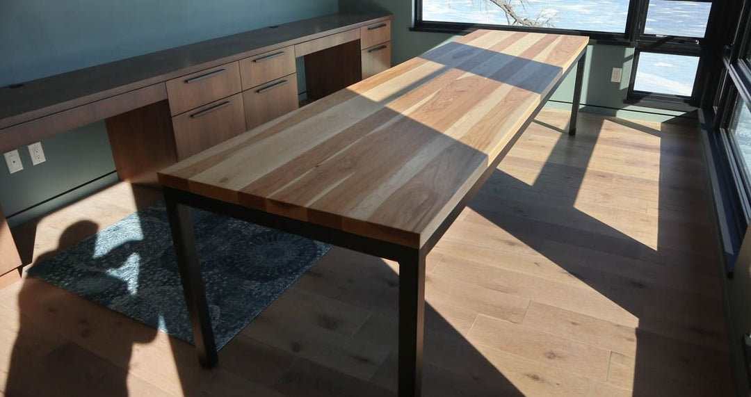 Waunakee WI 33x126x30 desk Metal 4 Leg with frame under top 2x2 tubing hickory top thick top bevel on ends clean edge no distress natural flat Flatter Black 2