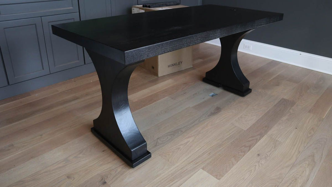 Western Springs 30x64x30 Crescent desk 4.5 ash extra thick top clean edge no distress Black Espresso satin cord managemnet drawer cavity in base for cord 1