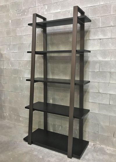 Downs-OMalley-48x100-bookshelves-metal-frame-wood-shelves-no-distress-on-shelves-grooves-between-planks-metal-natural-steel-finish-grayish-patina-wood-espresso-tone-with-red