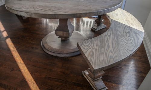 Hinsdale 60 round anchor ped 10inch thick top ash topfeet round base minimal dist light tumbled prado black shad flat arch base with 3 bases 2