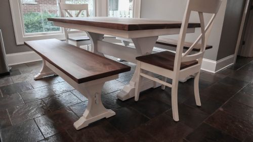 Arlington Heights44x64 Craftsman walnut-top maple-base thick top ross brace mortis through pedno distress natural wavy edge no grooves naturalflat whitewash-glaze benches Frontier