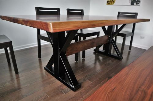80x42x30 metal single post ped wood cross brace walnut top thick top 2-3 dist natural wavy edge satin base-solid black flat 2
