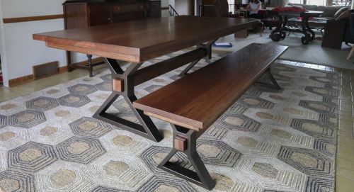 Highland Park Glen Ellyn 42x84x30 Metal-X Frame Hickory thick top apron cross brace clean edge no grooves no distress Earthtone satin Bronze Chrome - base bench 1