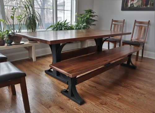 Palos Park 42x84x30 Metal Arched base 4 in version wood cross brace thick  top walnut min distress wavy edge no grooves powder coat wrinkle black