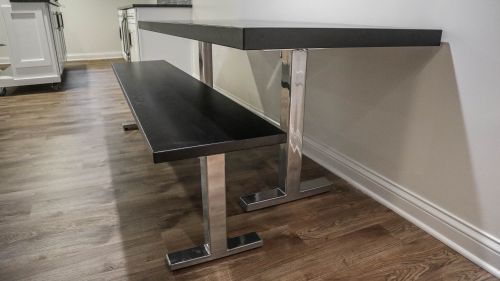 Glen Ellyn 29.50x73 metal t-base 1.5x3 ash top extra thick top no cross brace no grooves clean edge minimal distress black espresso satin super chrome bench to match